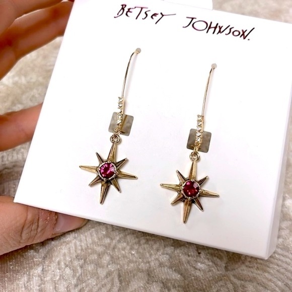 Brand New Betsey Johnson Gold Tone Celestial Star Pink Stone Drop Earrings - Picture 5 of 15
